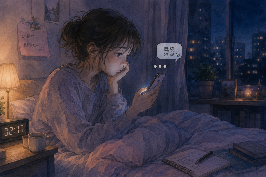 夜中ベッドでLINEの返信を待ち続ける女性。