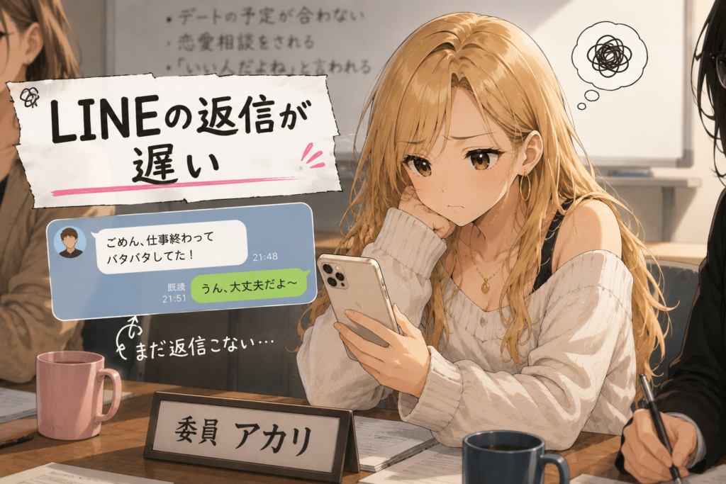 LINEの返信が遅くてモヤモヤするアカリ。