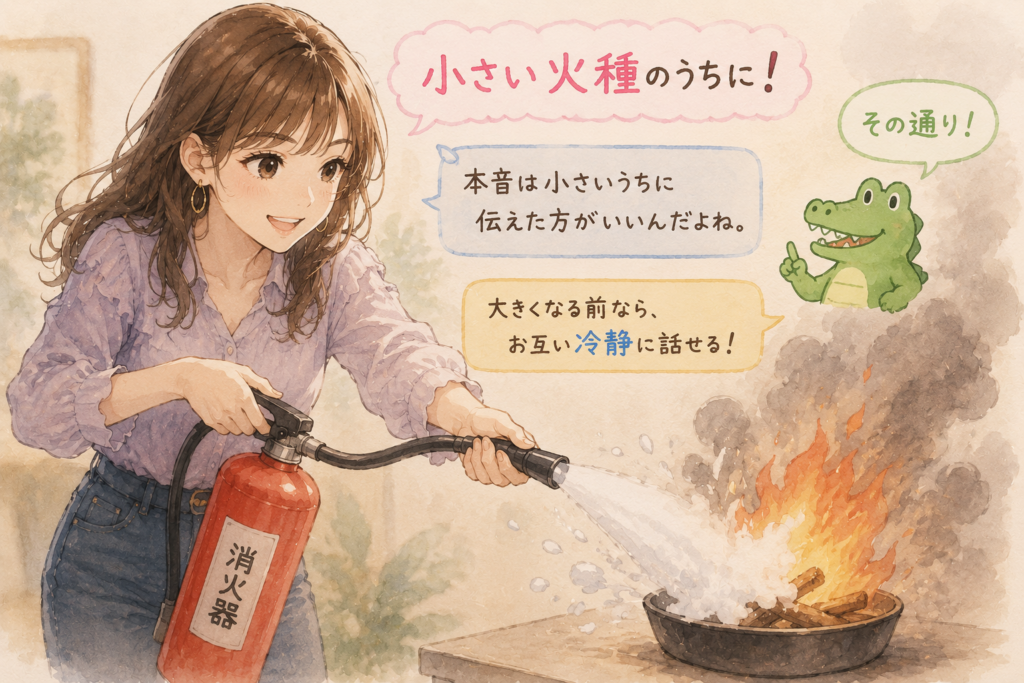 消化器で火種を消す女性。本音もかすかな火種の時に伝えた方が被害は少ない。