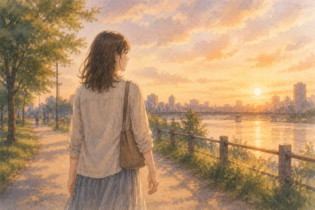 自分の思いに気がついて気持ちが軽くなり河原を歩く女性。