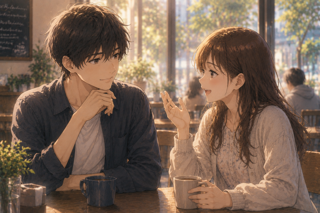 失恋の傷が癒えつつある女性。仲の良い男性と楽しく会話する余裕が出てきた。