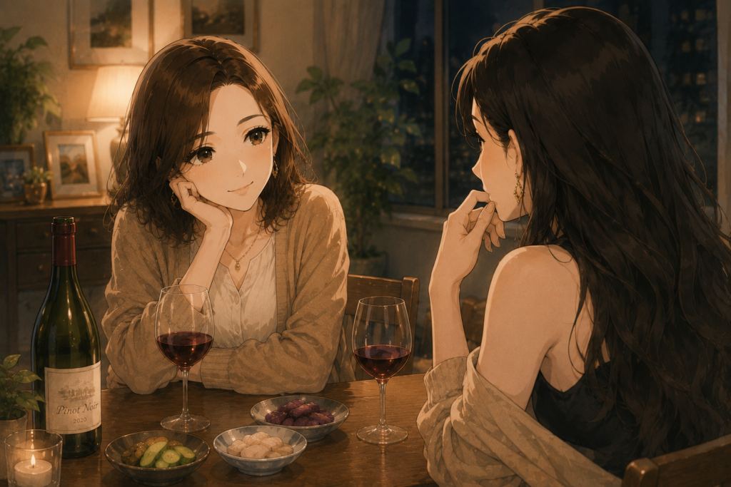 マリに質問するミサキ。大人の笑みのマリ。