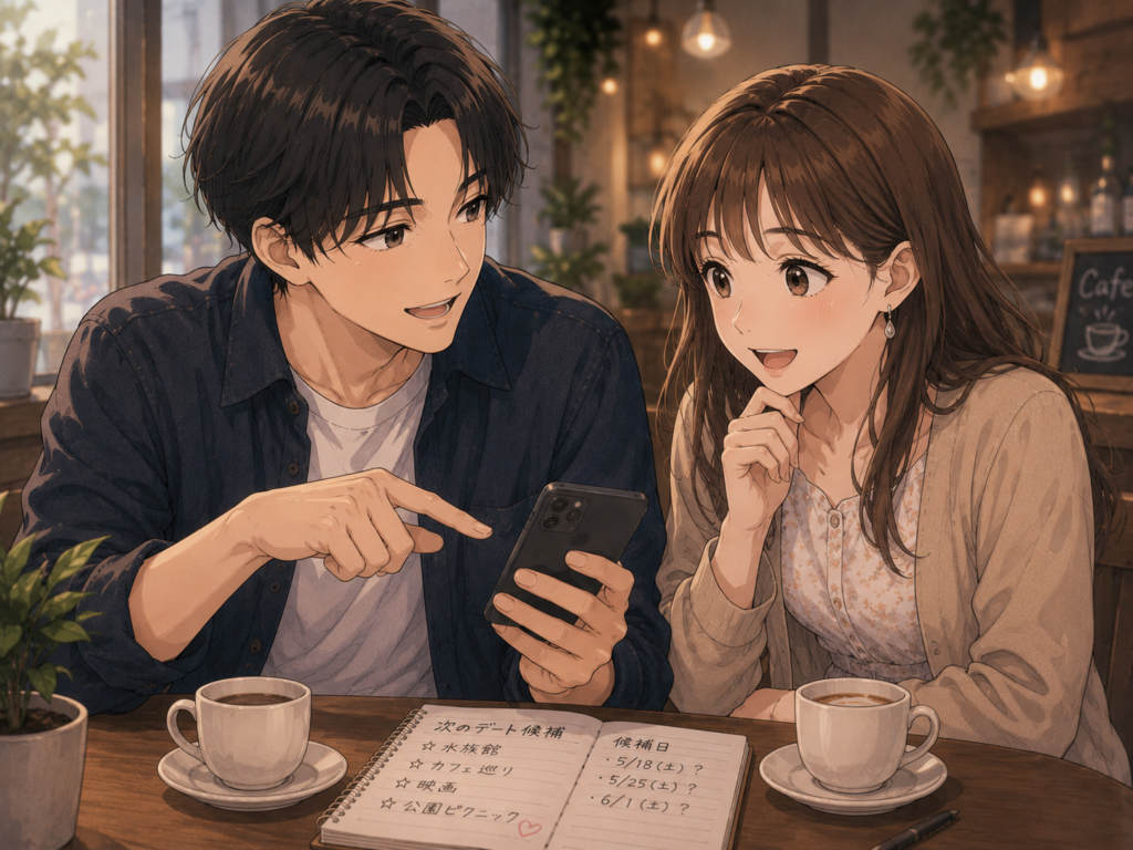 次のデートの予定を立てる男女。脈ありが期待できる行動。