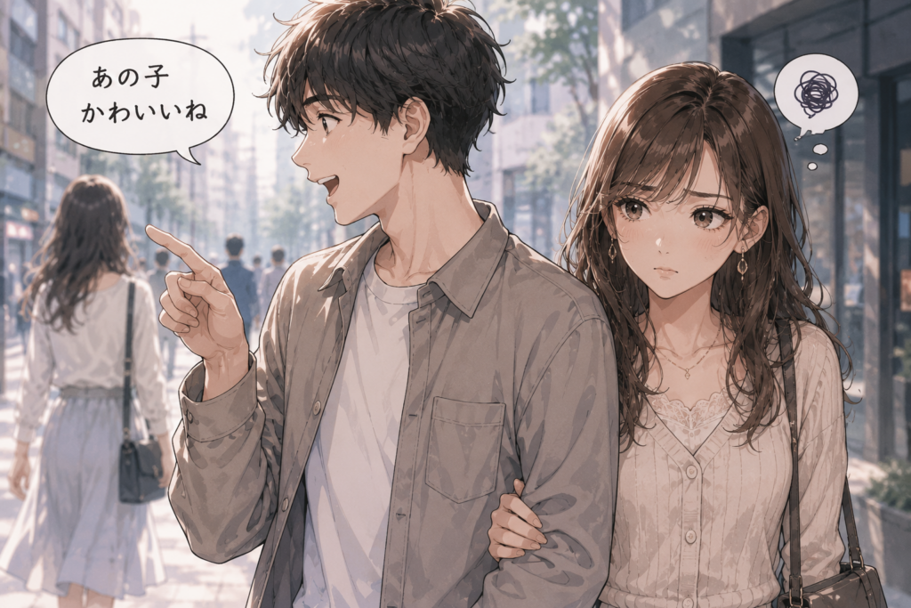 彼女といるのに他の子のことを可愛いと言う彼氏。彼女は悲しげな顔。