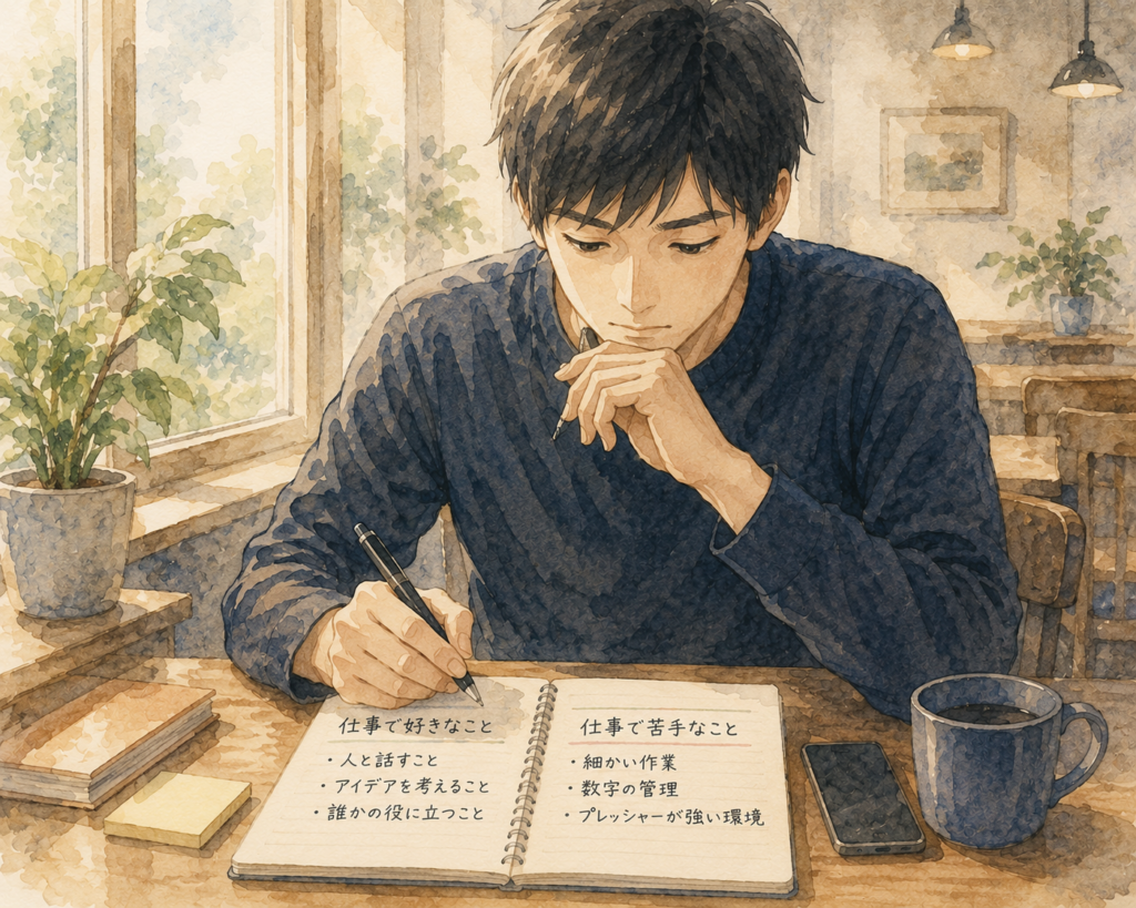 仕事の嫌なこと、できることを書き出す男性。