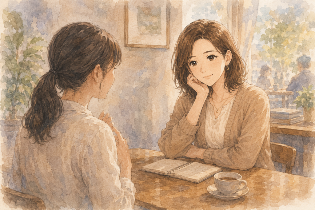 悩める女性の話を聞くマリ。