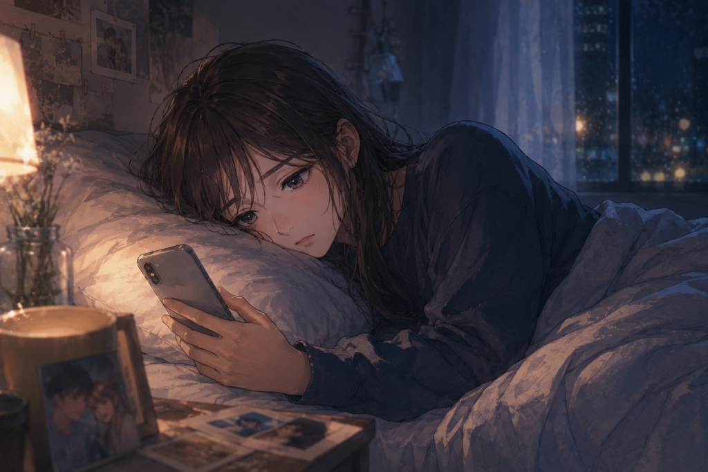 失恋直後の女性。ベッドの中でスマホを眺めている。
