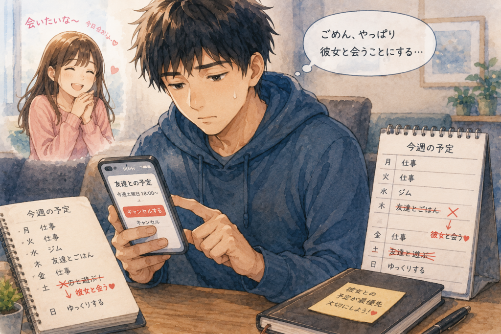 彼女中心になり他の人との関係が壊れ始める男性。
