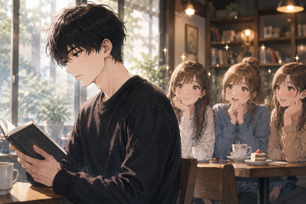 静かに本を読むクールな男性。