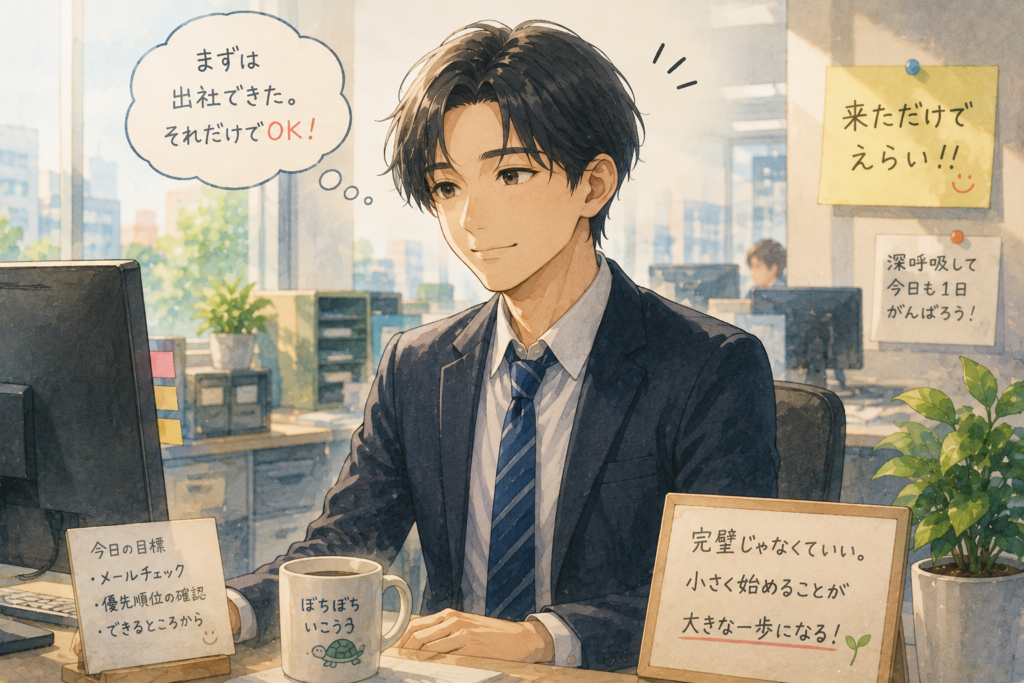 休日明けは無理をしない男性。出社しただけでも偉いと思うくらいで良い。