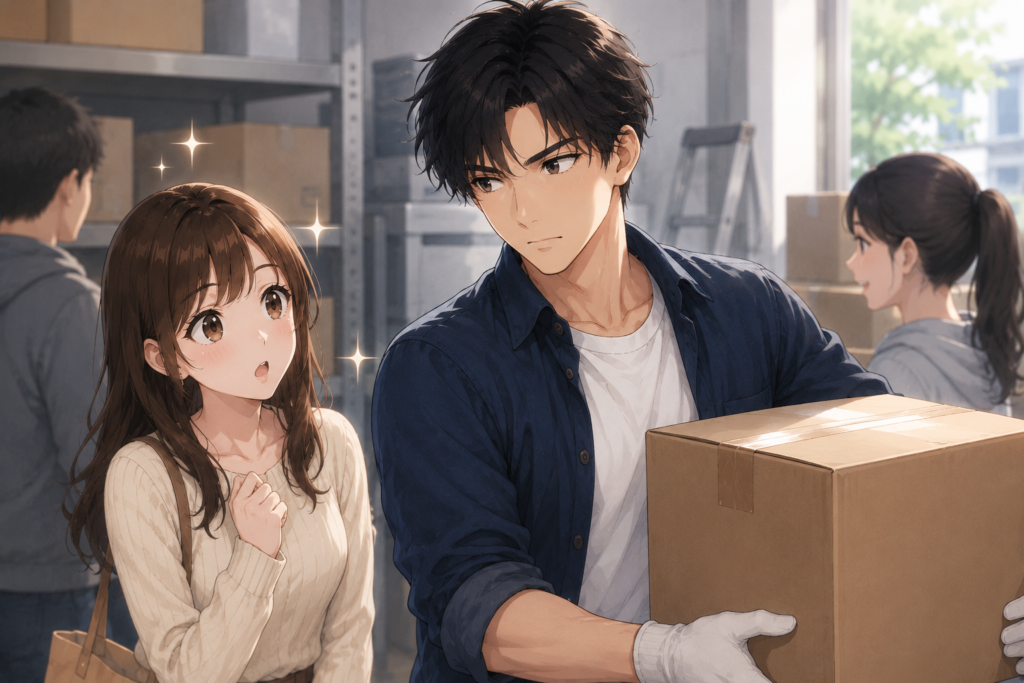 重い荷物を持つ優しい男性。ギャップにドキッとする女性。