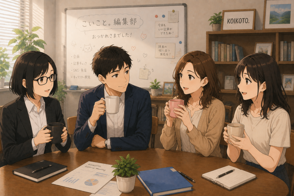 座談会が終了。コーヒーを飲んでブレイクするメンバー。