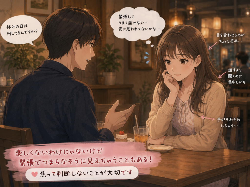楽しくないわけではないが緊張している女性。脈なしと判断するのは早いケース。