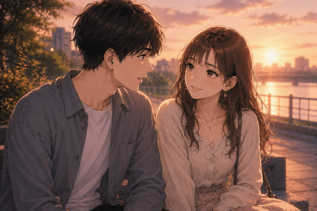 夕方の公園で見つめ合うカップル。お互い誠実に向き合えている様子。