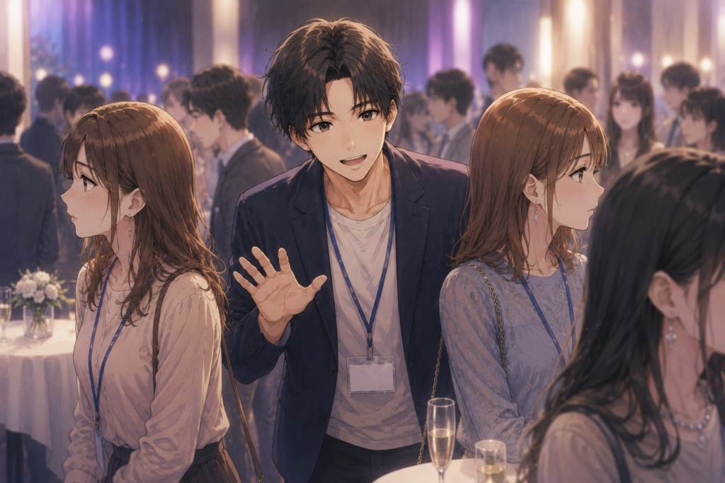 恋活パーティー会場で声をかけようとする男性。クールじゃなくてもモテるのか？