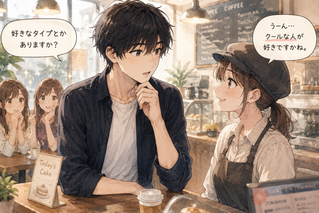 気になるカフェの店員さんに好きなタイプを聞くイツキ。店員さんはクールな人が好きとの返答。
