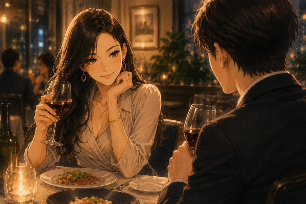 いい雰囲気で食事をするミサキと男性。
