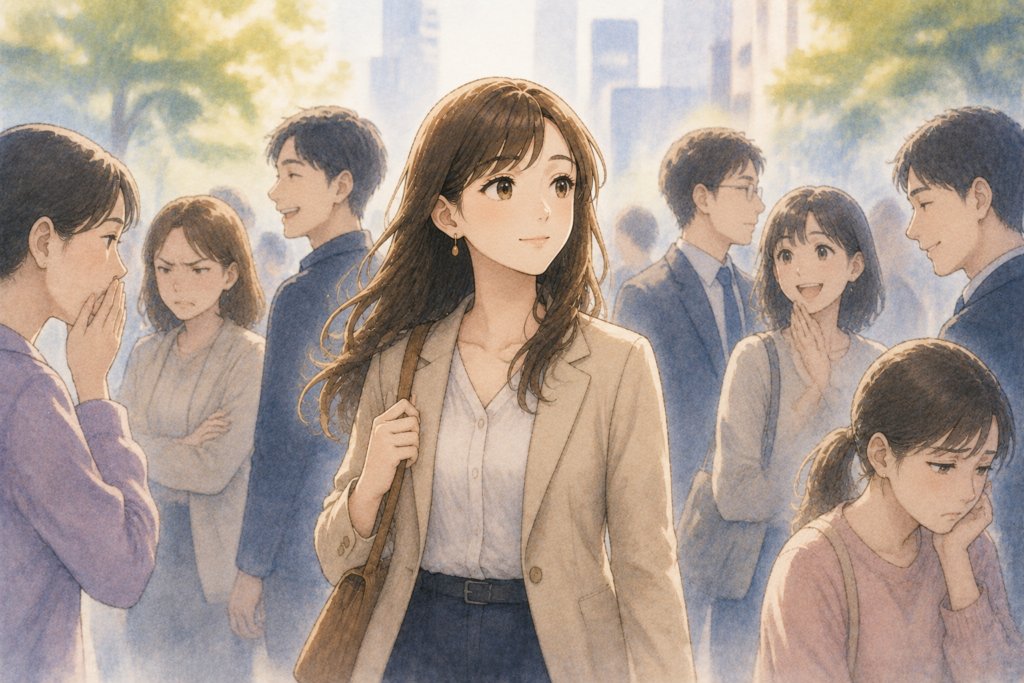 街を歩く女性とその他の人々。それぞれ裏表は少なからずあることを表現。
