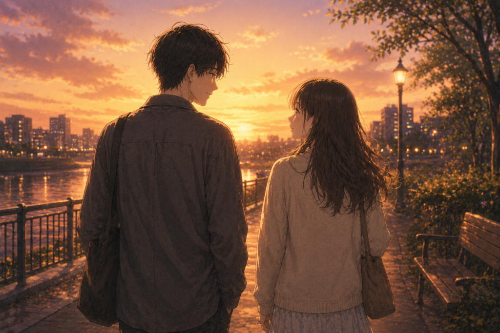 夕方の公園を歩く男女。好きな人が失恋したときはチャンスよりも相手を大切にすること。