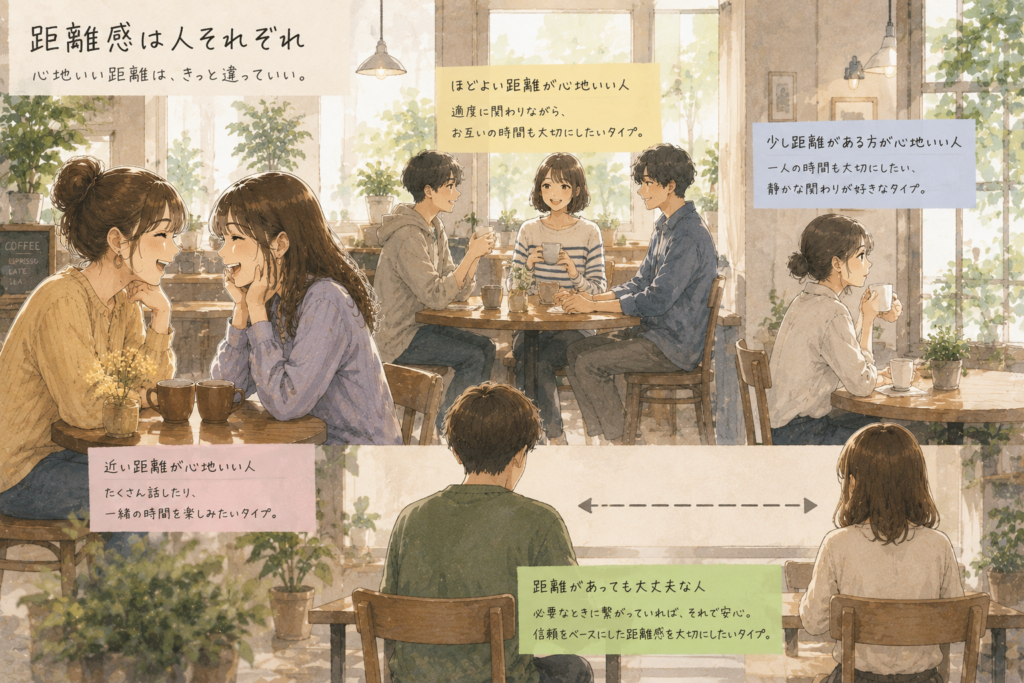 人の距離感のパターンをイラストで解説。人付き合いの最適な距離感は人それぞれであることを表現。