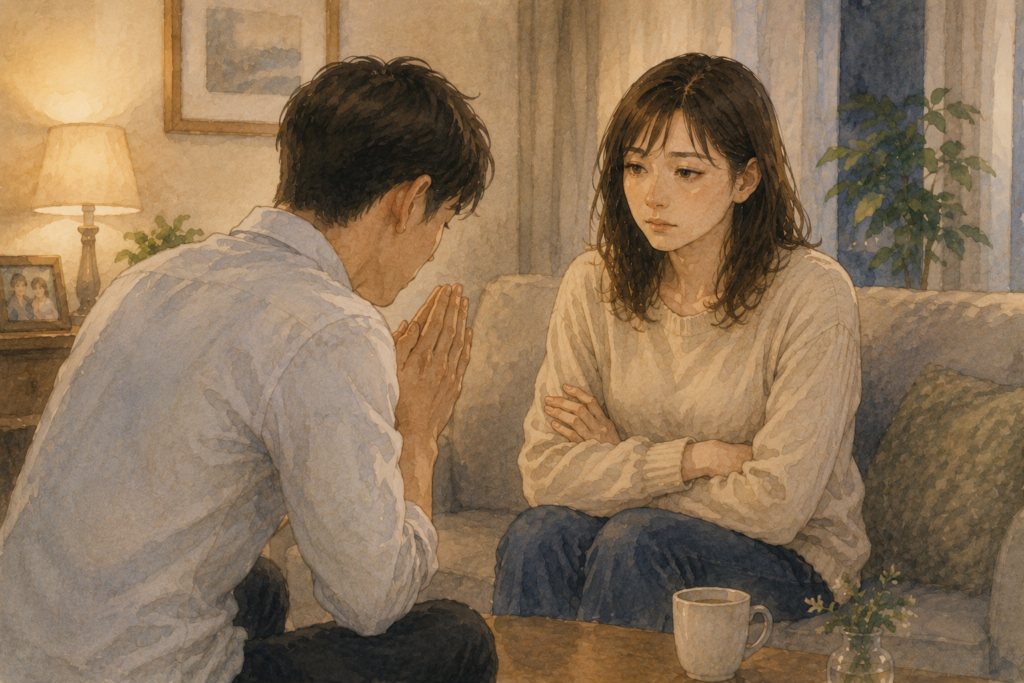 夫は浮気したことを謝っている。しかし妻は許せない心境。