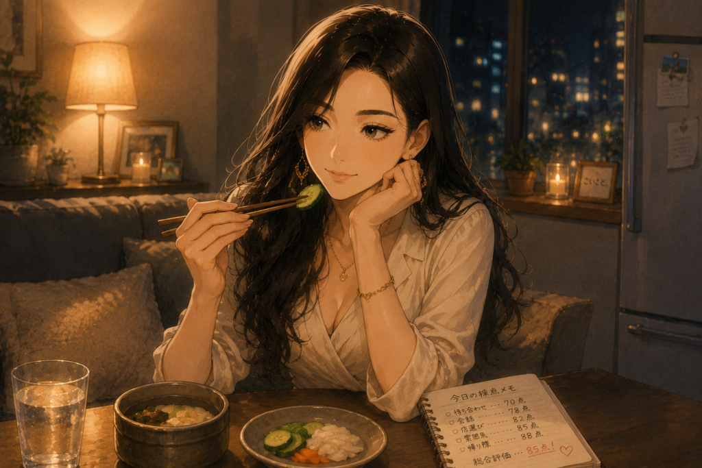帰路につきぬか漬けを食べながらデートを振り返るミサキ。