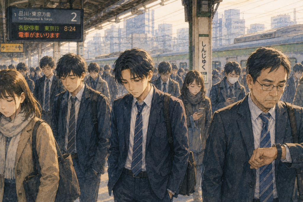 休み明けの駅のホーム。みんな憂鬱そうな表情。