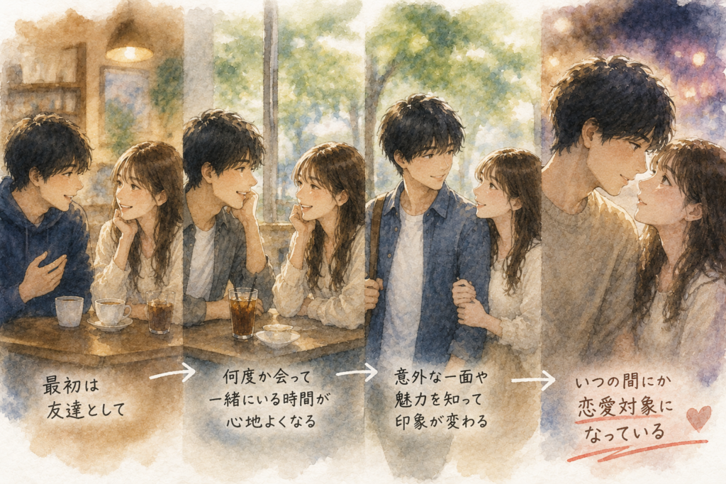 何度か会ううちに印象が変わり恋愛対象になる男性。