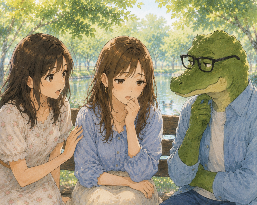 ワニオに相談するリナ。支えるミユ。