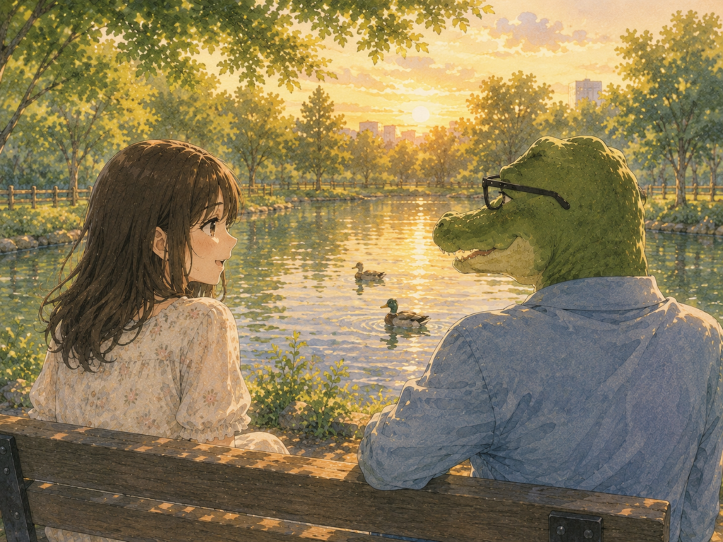 夕方の公園。カモを見ながら話すミユとワニオ。