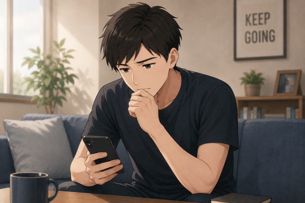 部屋でスマホを眺める男性。女友達のことを考えている。