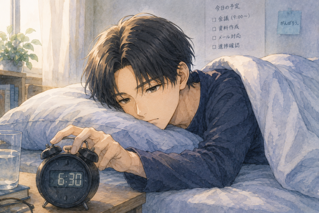 布団から出るのが憂鬱な男性。休み明けの仕事は憂鬱である。