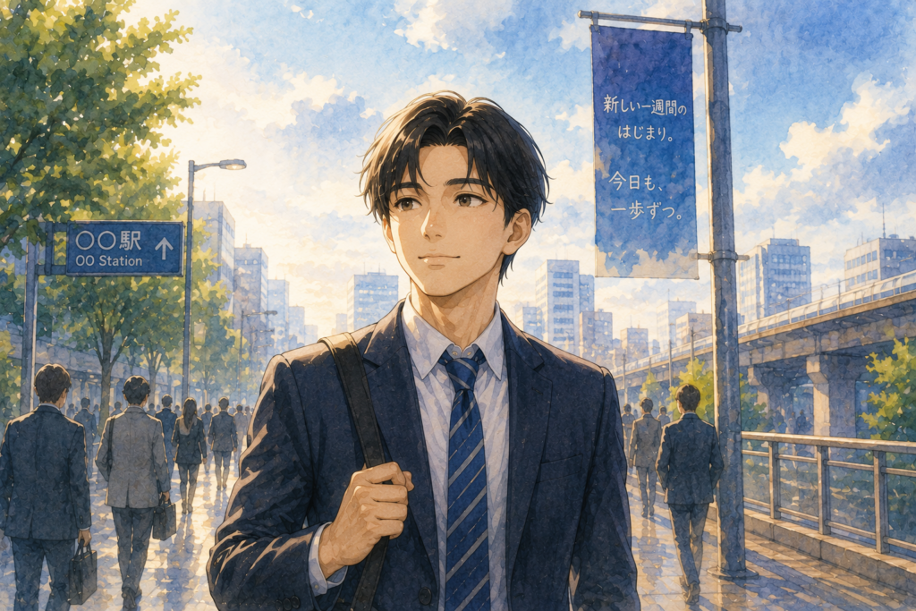 仕事明けの男性。少し前向きになれた表情。