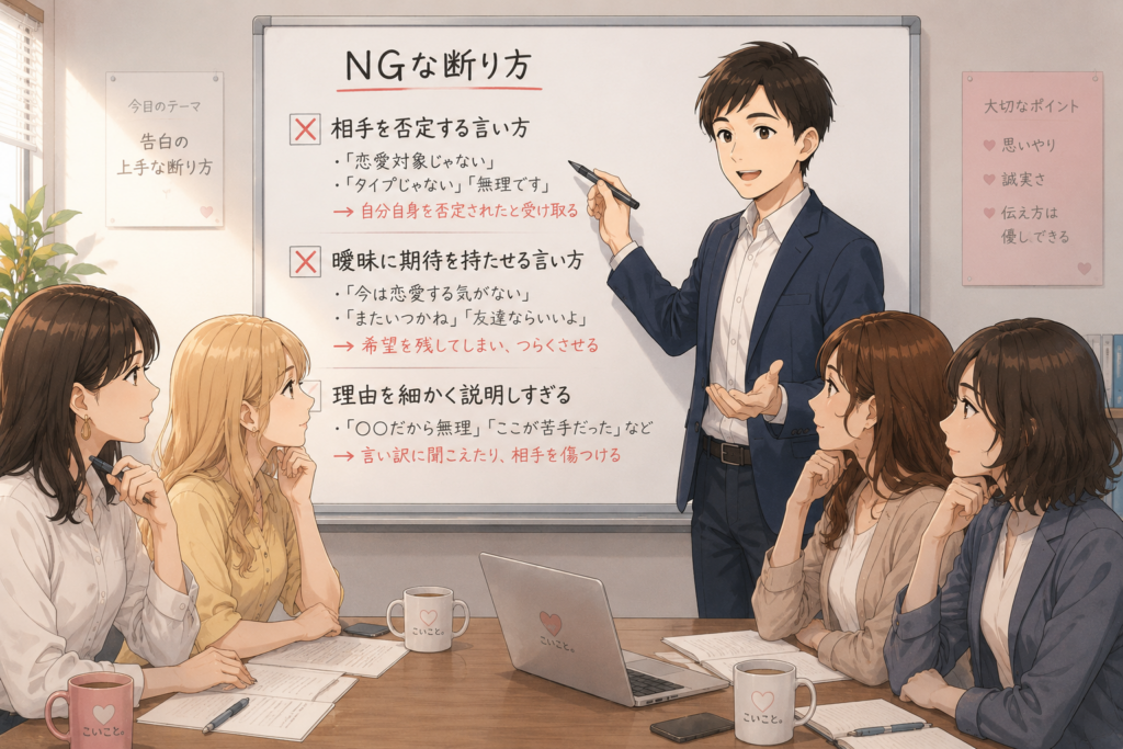 告白を断る時のNG例をホワイトボードに書いて解説するリク。