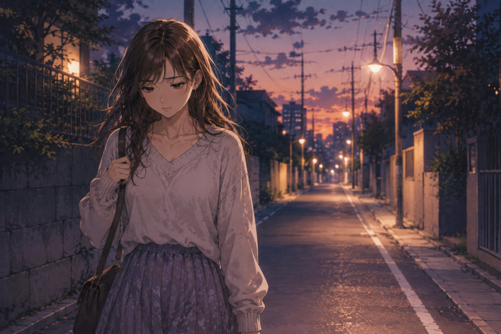 夜道を歩き帰路につく女性。モヤモヤした気持ちを抱えている。