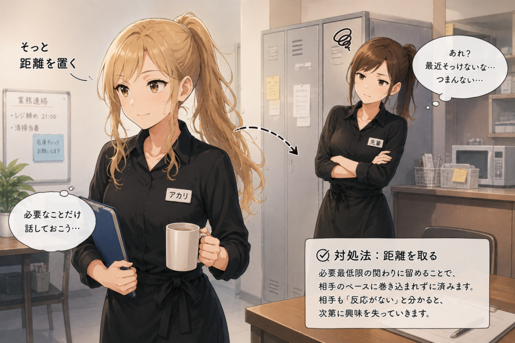 見下してくる先輩と距離を置くアカリ。適切な対処法を表現。