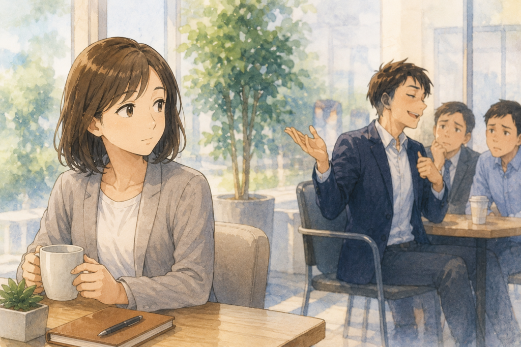 人に厳しく自分に甘い人と距離をおく女性。