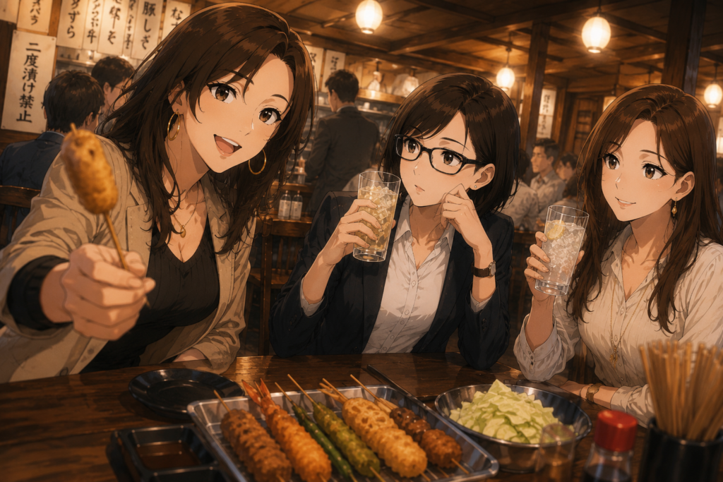 串揚げ片手に今夜のまとめに入るナナ。