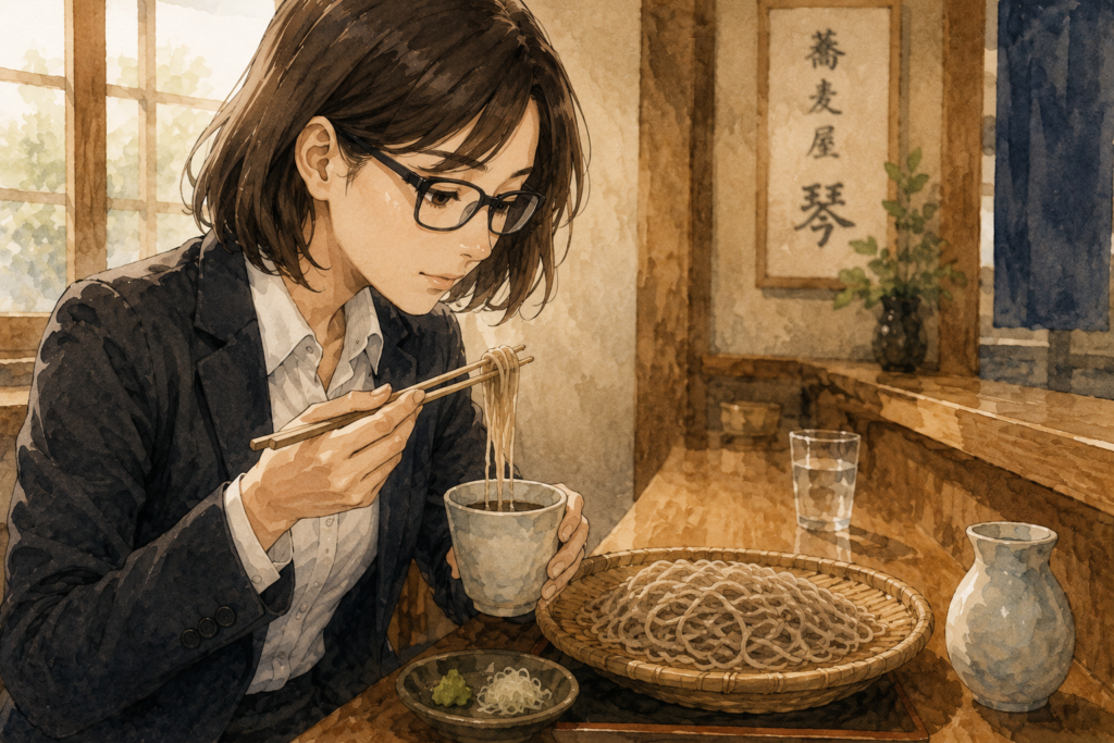 ざる蕎麦をじっくり味わうミカコ。