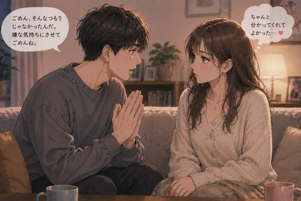 他の女性を可愛いと言ったことを「悲しかった」と伝える彼女。気持ちを受け止めてしっかり謝罪する彼氏。