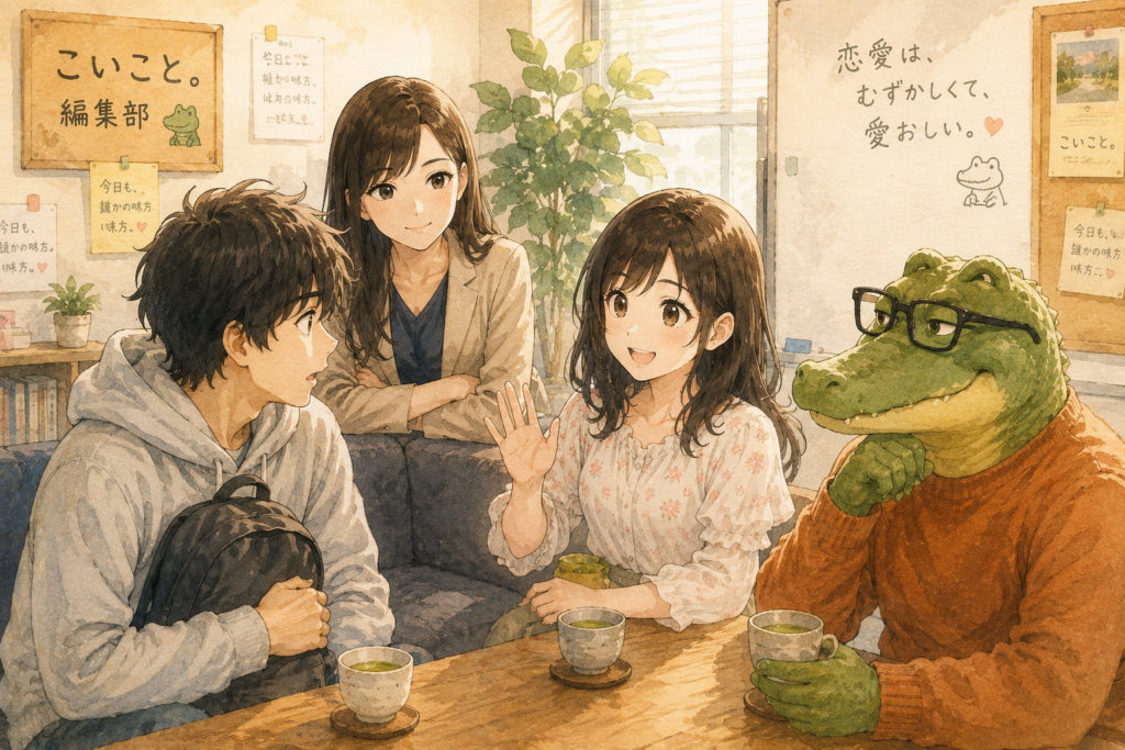 ミユに励まされるヒロ。ワニオとユキノも優しい眼差し。