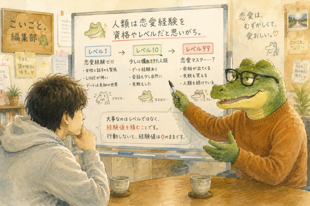 恋愛経験は資格ではないとホワイトボードを使い説明するワニオ。