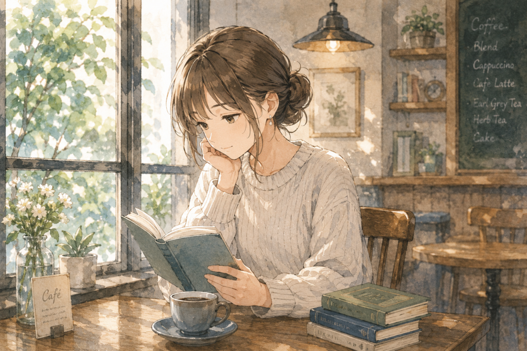 カフェでひとり読者を楽しむ女性。休日はひとりが良い。