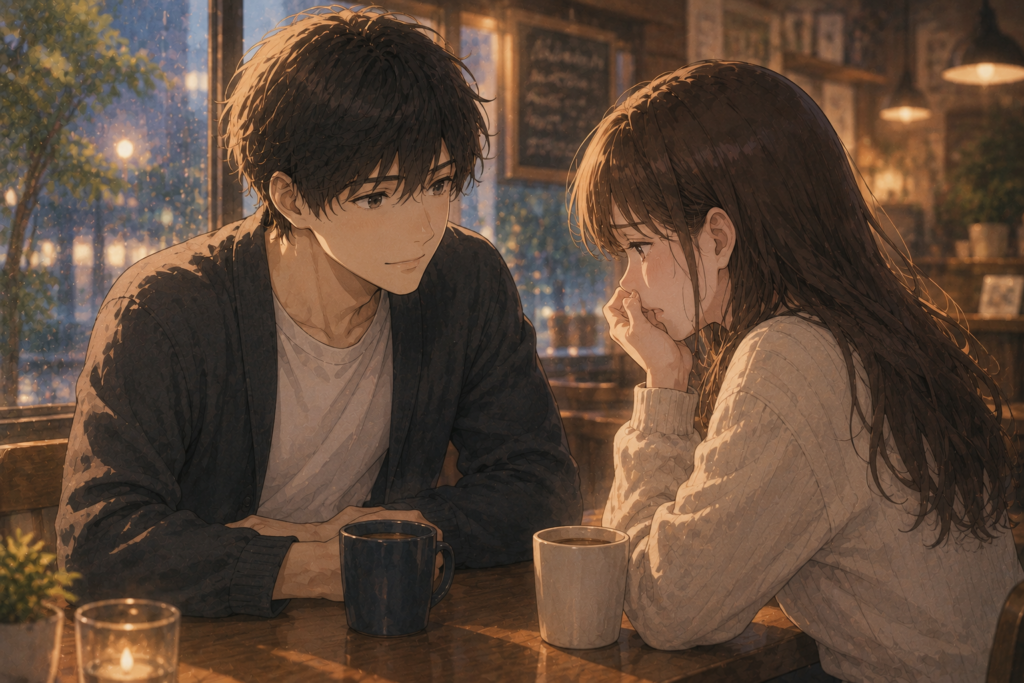 失恋直後の女性の話を真剣に聞く男性。