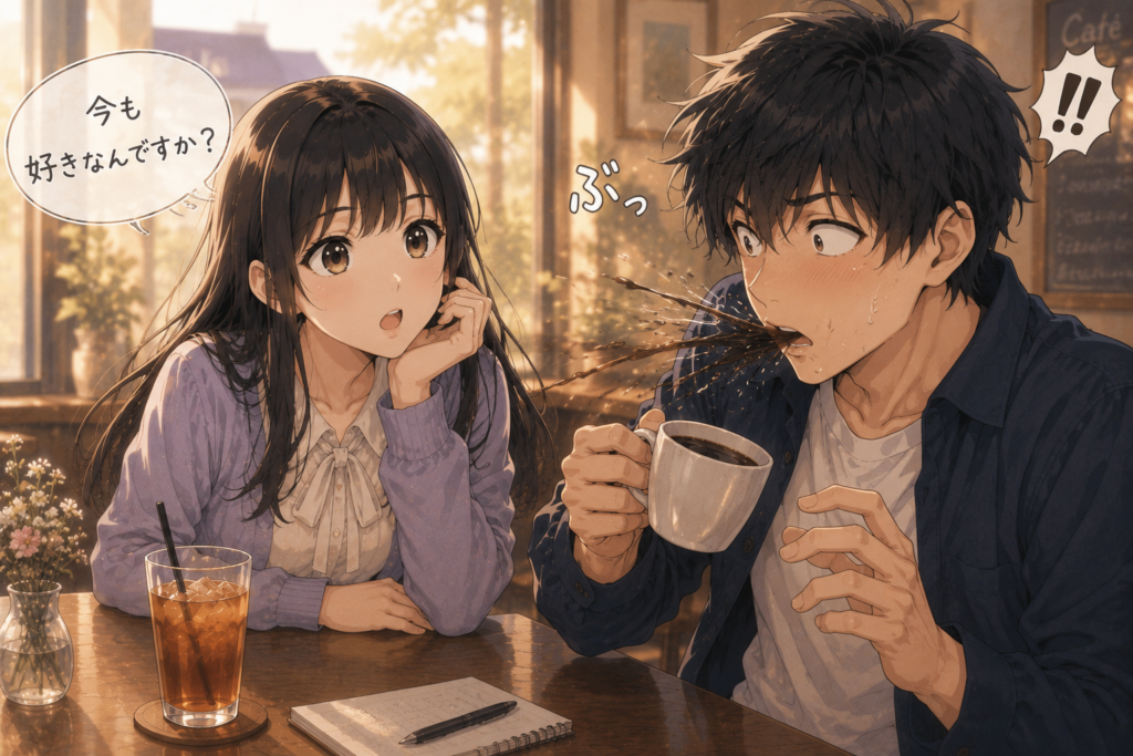 自分のことをまだ好きなのか聞くツムギ。コーヒーを吹くソウタ。