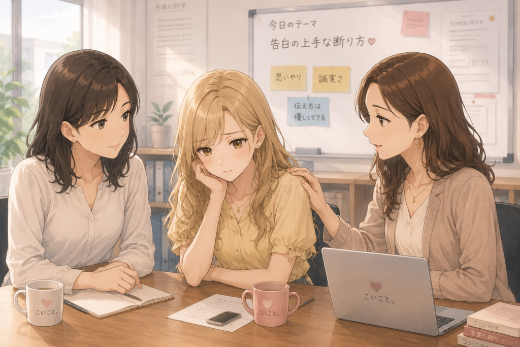 告白の断り方を間違えて落ち込むアカリ。慰めるマリとユキノ。