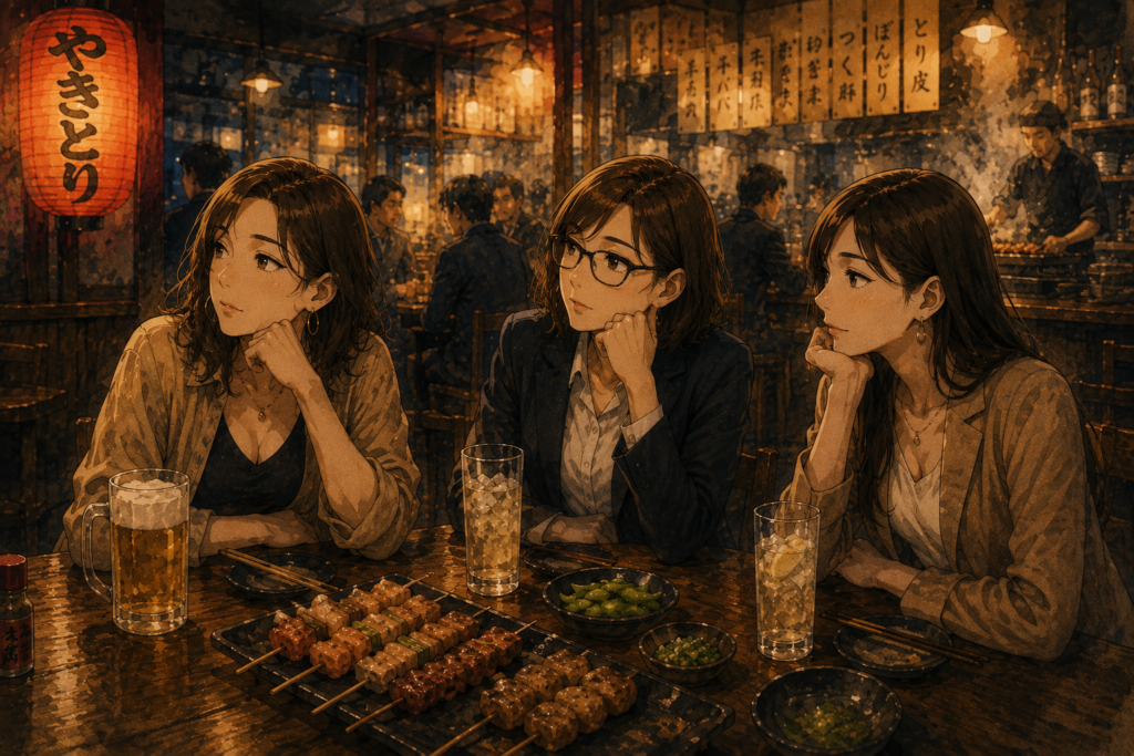 焼き鳥屋で少ししんみりモードになる3人。