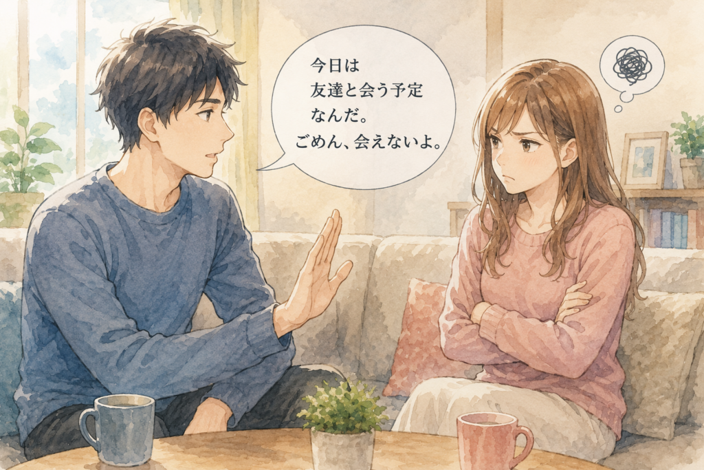 予定があるから会えないと伝える彼氏。不機嫌になる彼女。