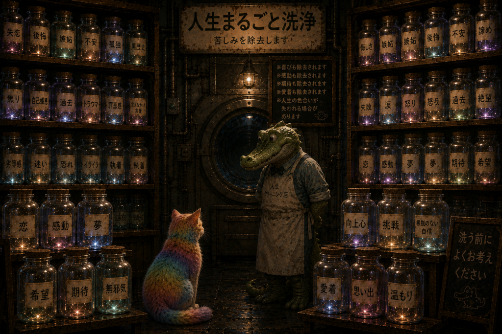 人生まるごと洗浄室にて会話するワニオと虹色の猫ナツメ。