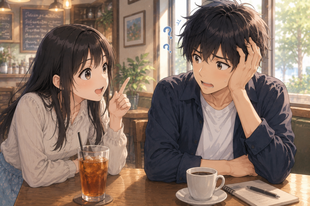 カフェにてソウタを質問責めにするツムギ。